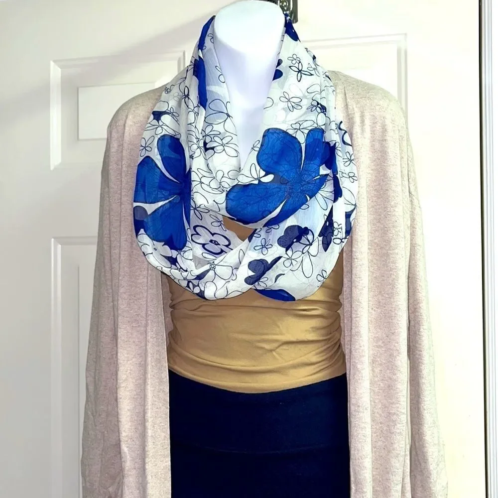 Reversible Blue and White Floral Infinity Scarf